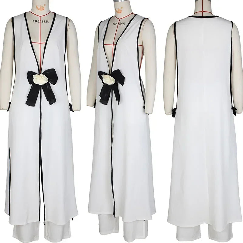 Bow Tie Appliques V-neck Sleeveless Long Top and Wide Leg Pants