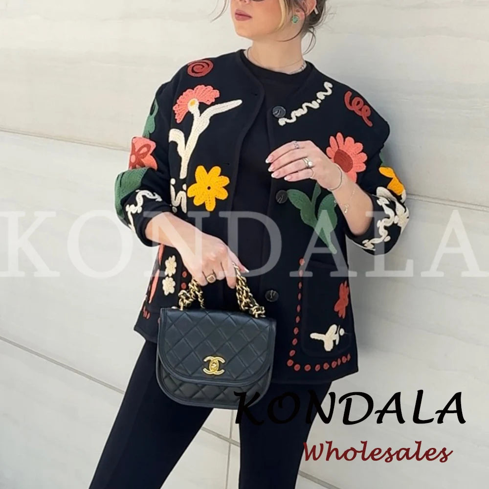 KONDALA Chic 2026 Vintage Autumn Modern Flower Embroidery Jacket Streetwear Pockets Single Breasted Loose Casual Female Outwear