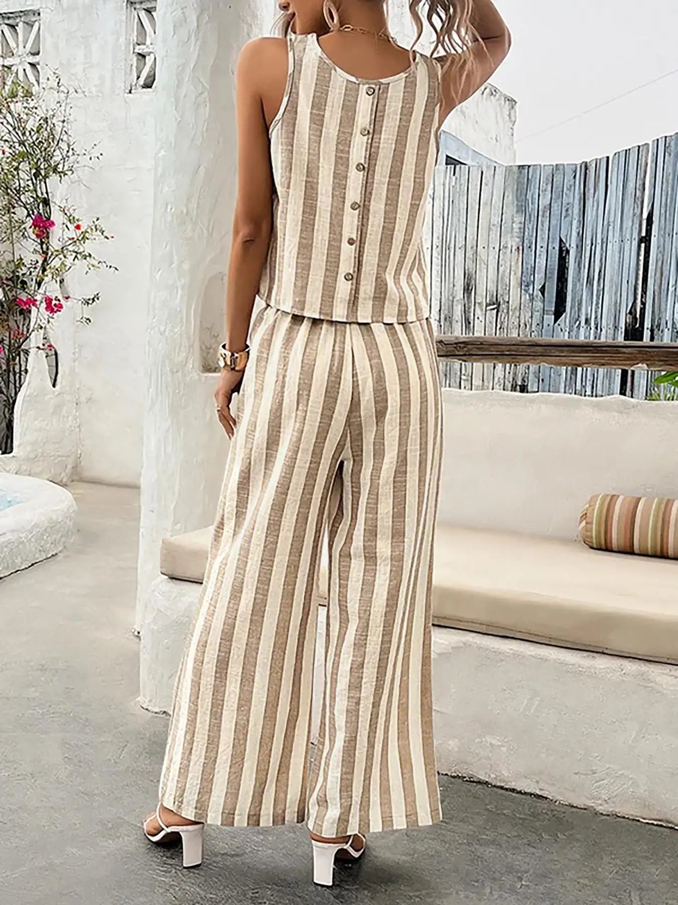 Loose Striped Round Neck Vest And Elastic Wide Leg Pants Two-Piece Set
