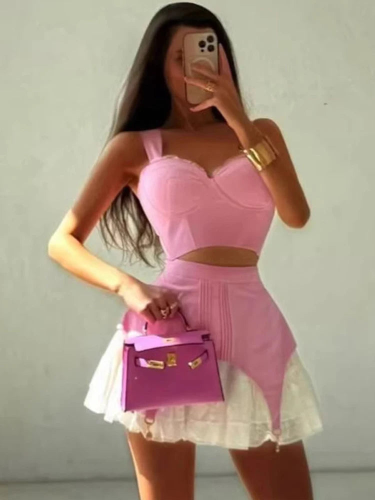 Elegant Lace Patchwork Top Skirts 2 Pieces Women Slip Strap Tanks