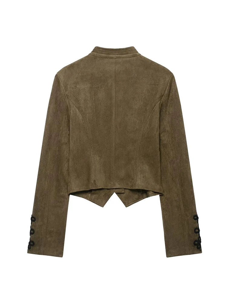 TFMLN 2026 Women Faux Suede Short Jacket Stand Collar Handmade Knot Embroidery Slimming Long Sleeve Outerwear Fashion Retro