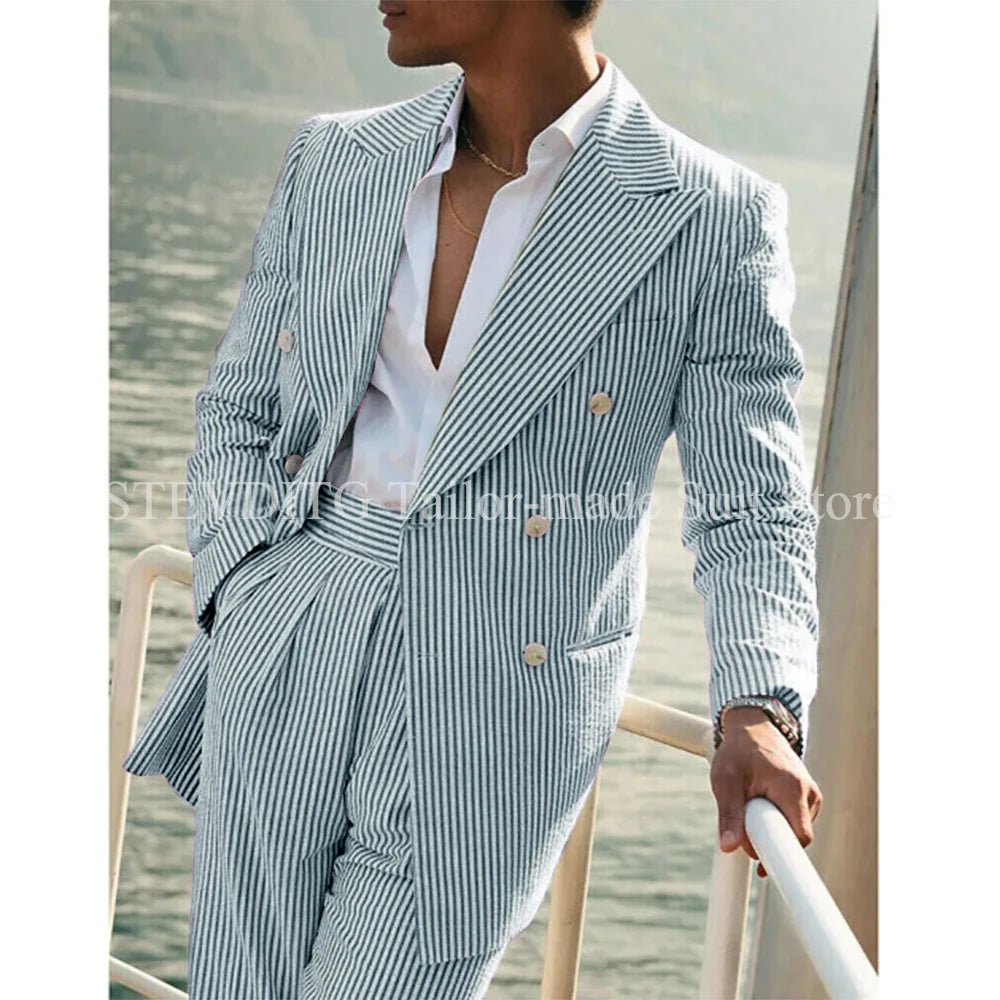 Light Pink Vertical Stripes Suits for Men Two-piece Set Summer Comfortable Linen Cotton Fabric Mens Suit for Casual Beach Party