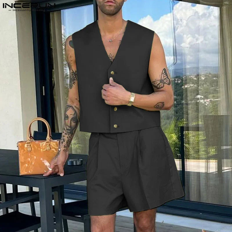 INCERUN Men Sets Solid Color V Neck Sleeveless Crop Vests & Shorts Two