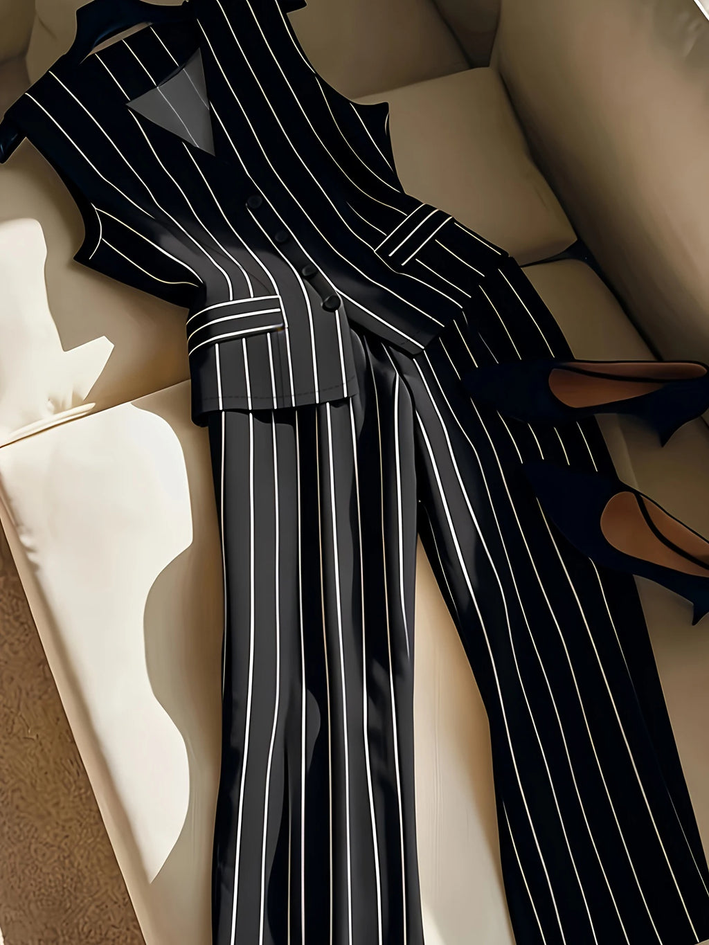 Ladies Elegant Sleeveless Blazer Vest And Wide Leg Pants Set Fashionable Minimalist Top Bottom Ensemble for Women