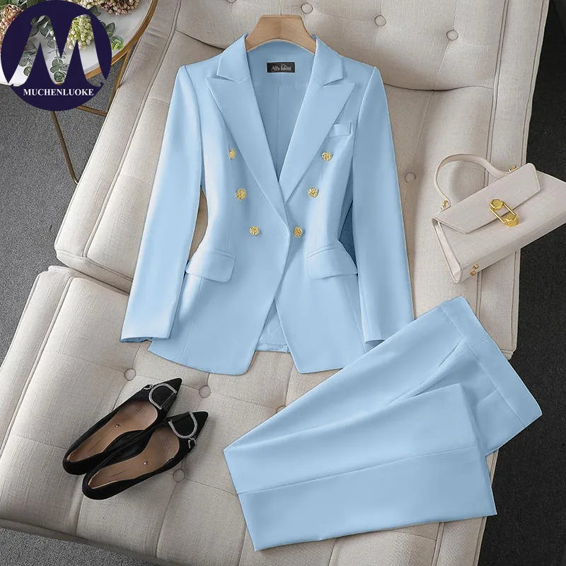 Women's Korean Fashion Two-Piece Set Long Sleeve Blazer And Wide Leg