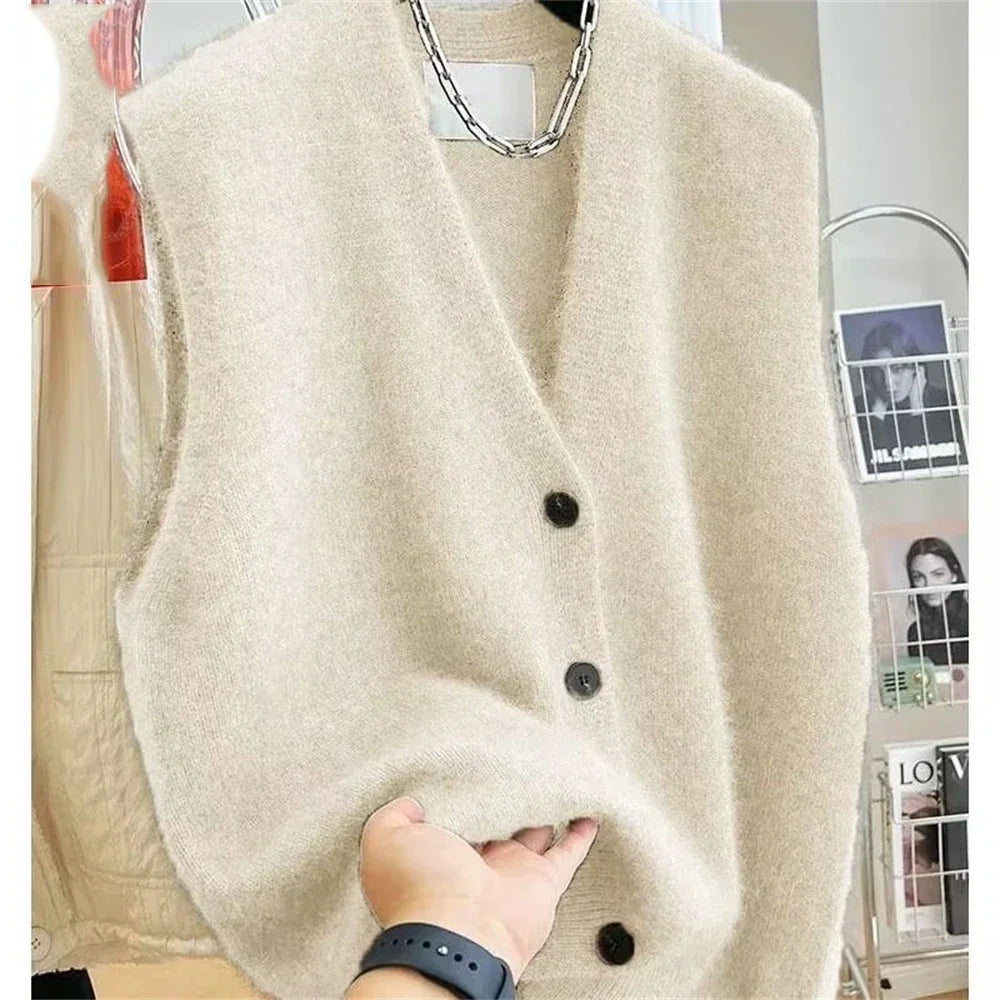 2025 NEW Women V-neck Sweater Vest Coat Female Fashion Sleeveless Knitted Cardigan Sweaters Vests Korean Style Clothes Top