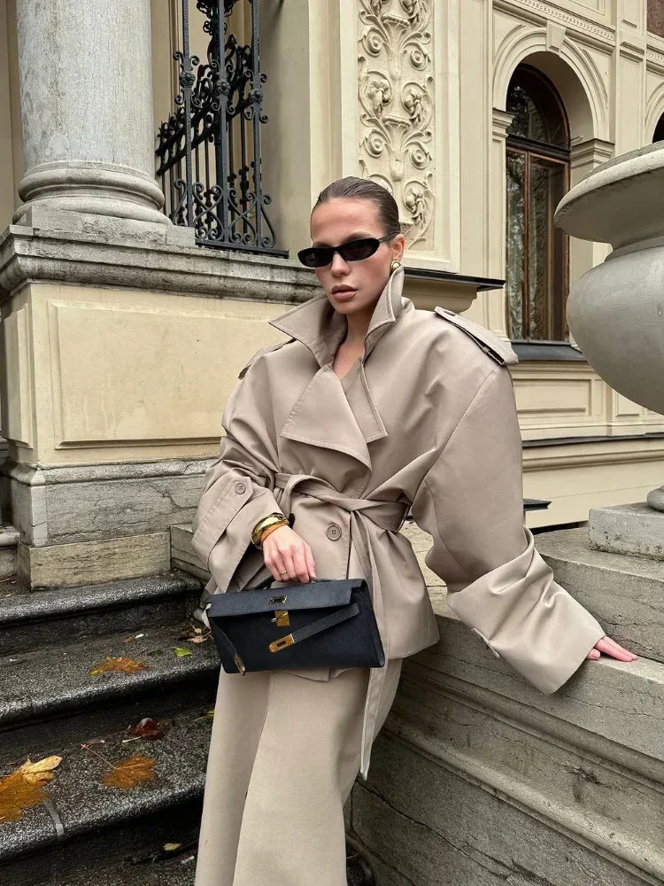 Solid Laepl Lace Up Trench Coat Women Fashion Full Sleeve Waist Cinching Short Windbreak 2026 New Autumn Office Commute Outwear
