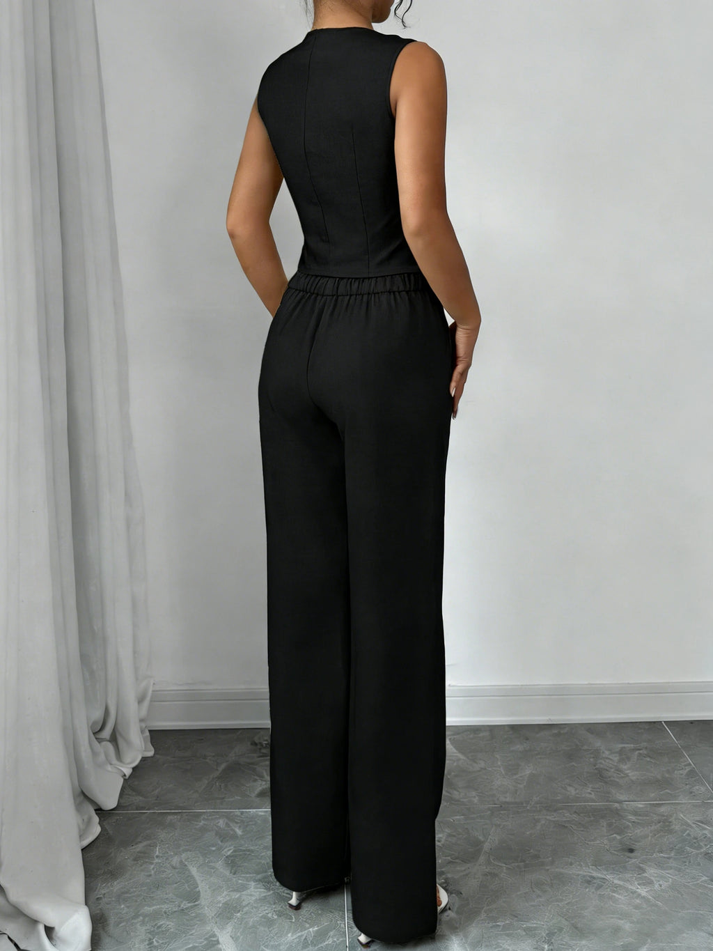 Women's Black Two Piece Outfit Sleeveless V Neck Vest Blazer High