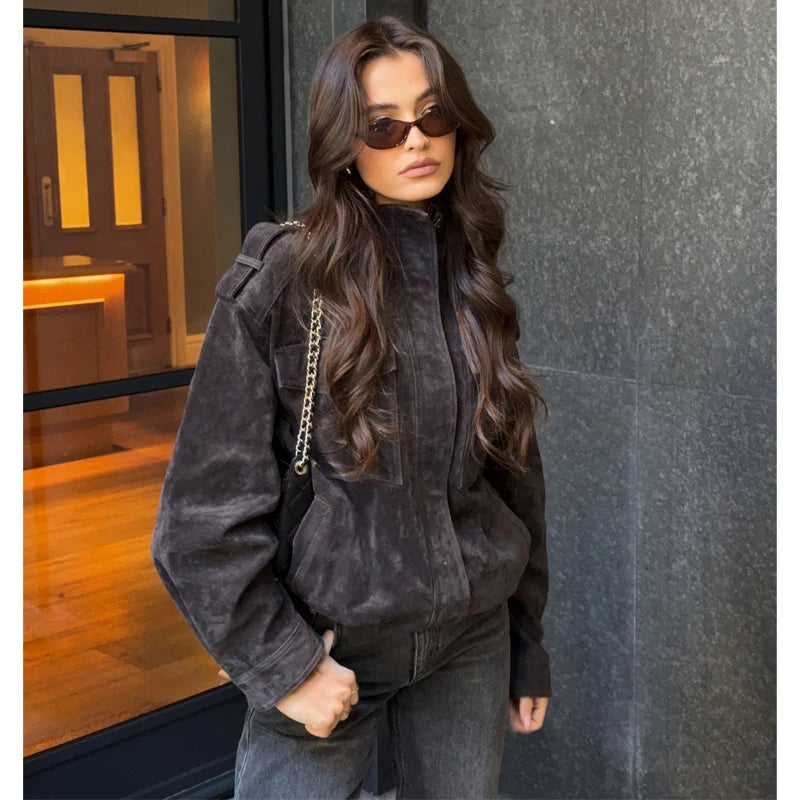 MUJER Suede Bomber Jacket Woman Oversized Demi-season Jackets for Women Outerwears Winter Overcoat Female Zip Women's Jackets