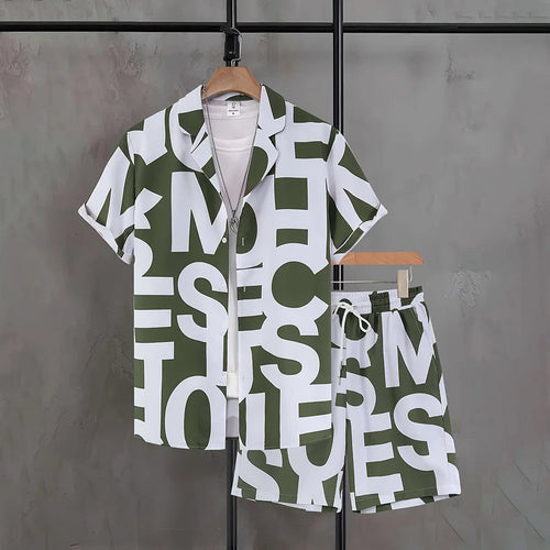 Men's Casual 2-Piece Shirt and Shorts Set, Plus Size Letter Print