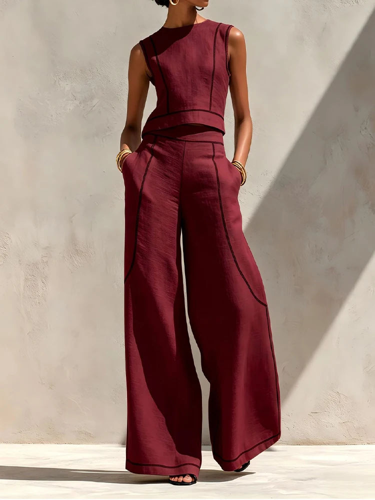 Vintage Striped Print Two Piece Suit Women Sleeveless Crop Vest Top Pocket High Waist Wide Leg Pants Sets Elegant Outfits