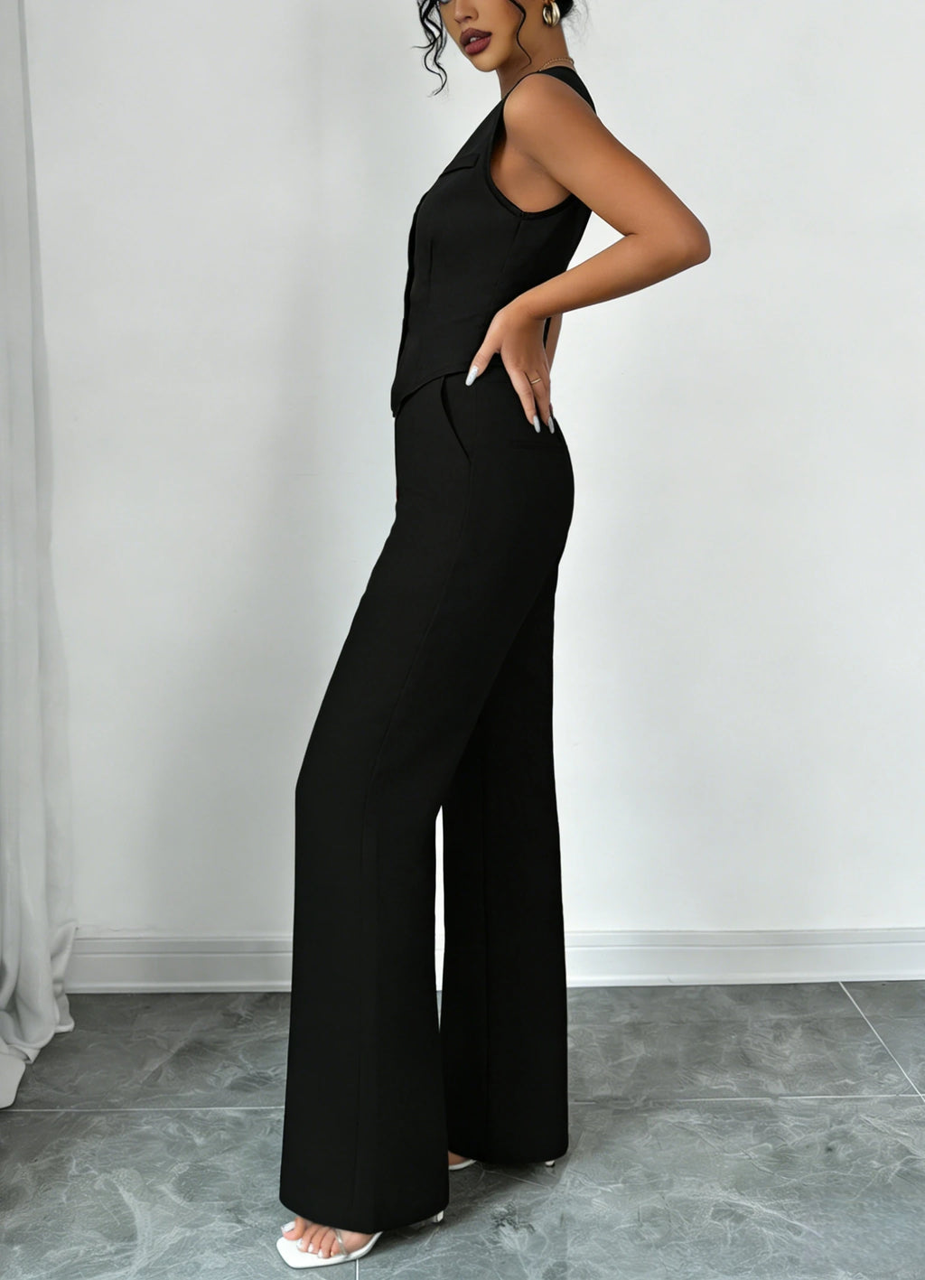 Women's Black Two Piece Outfit Sleeveless V Neck Vest Blazer High