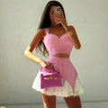 Elegant Lace Patchwork Top Skirts 2 Pieces Women Slip Strap Tanks