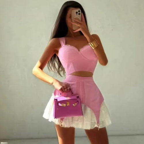 Elegant Lace Patchwork Top Skirts 2 Pieces Women Slip Strap Tanks