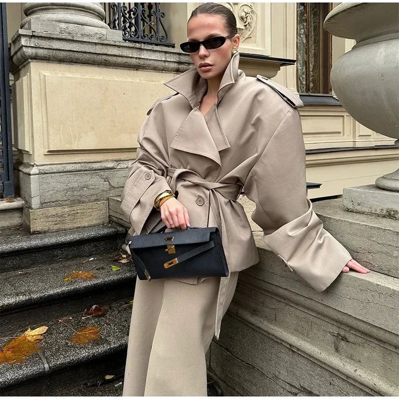 Solid Laepl Lace Up Trench Coat Women Fashion Full Sleeve Waist Cinching Short Windbreak 2026 New Autumn Office Commute Outwear