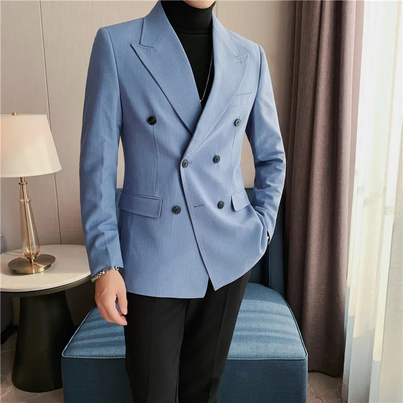 Men Blazer Jackets High Quality Autumn New Double Breasted Men's Striped Blazers Slim Fit Business Formal Wear Suit Coats Male