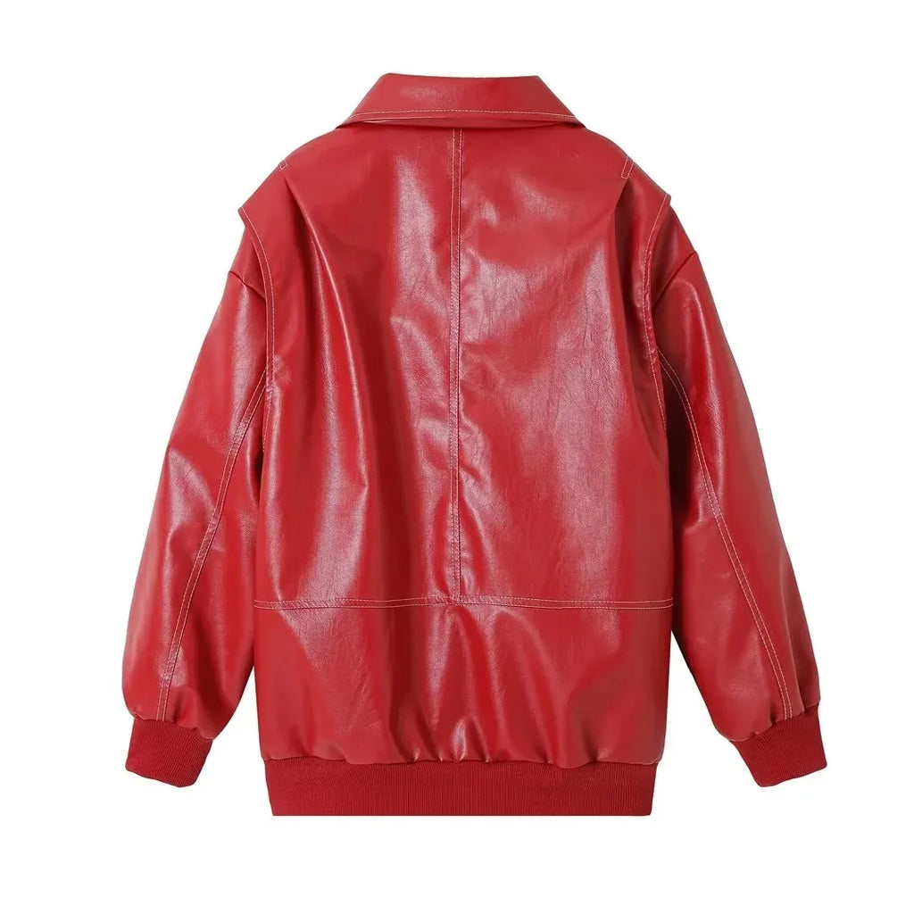 Autumn Winter Women's Vintage PU Jacket Street Fashion Zipper Leather Jacket Coat Handsome Patchwork Lapel Long Sleeve Outerwear