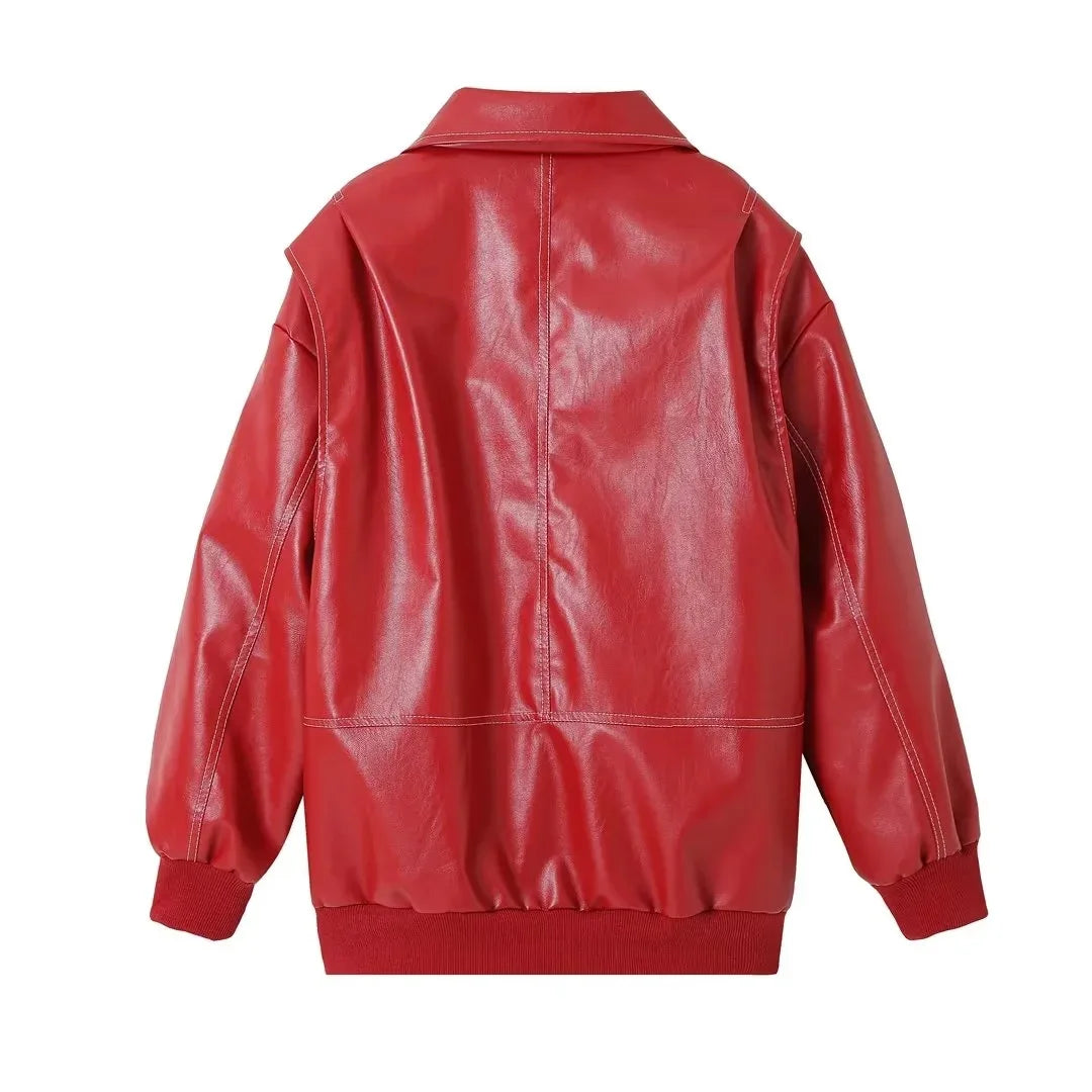 Autumn Winter Women's Vintage PU Jacket Street Fashion Zipper Leather Jacket Coat Handsome Patchwork Lapel Long Sleeve Outerwear