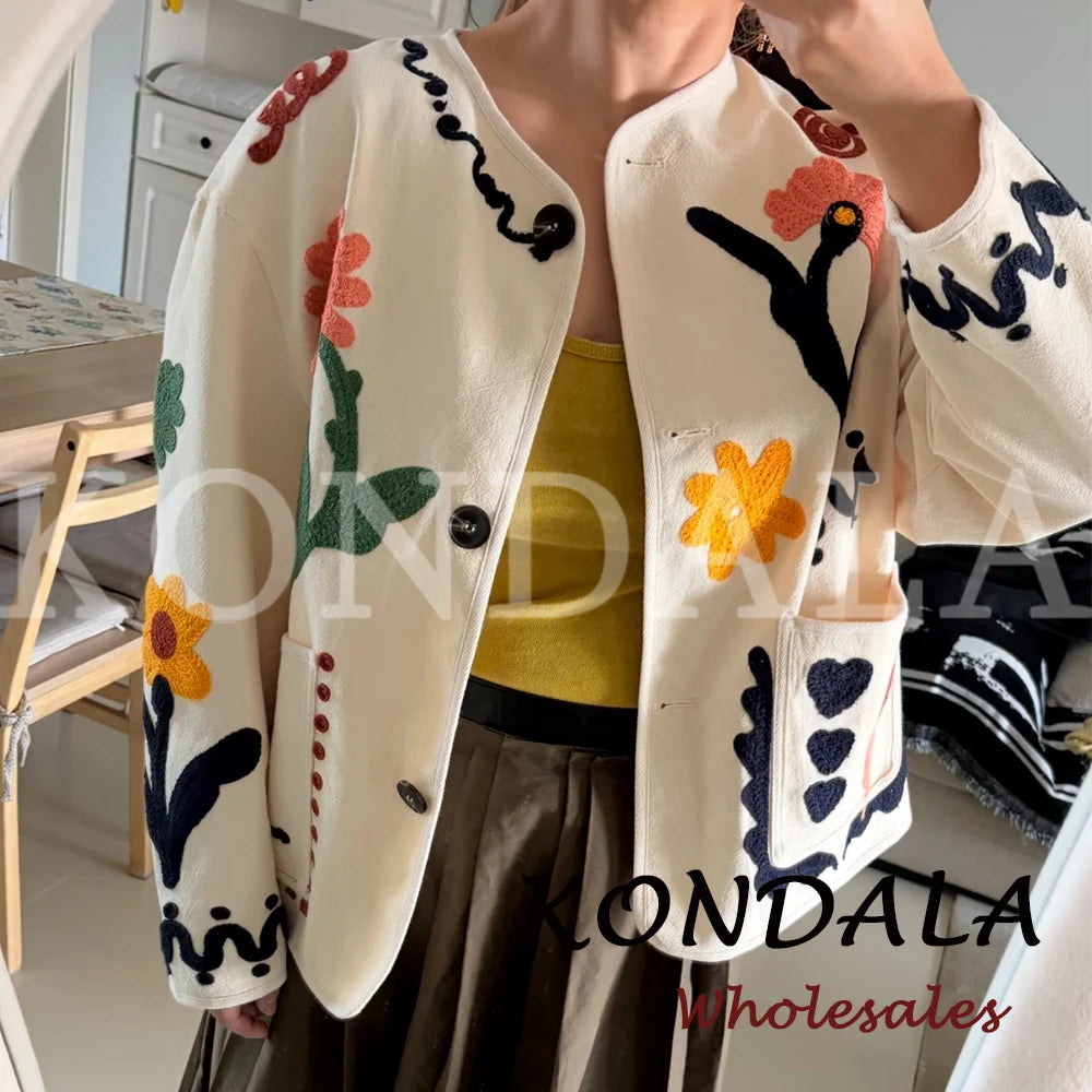 KONDALA Chic 2026 Vintage Autumn Modern Flower Embroidery Jacket Streetwear Pockets Single Breasted Loose Casual Female Outwear