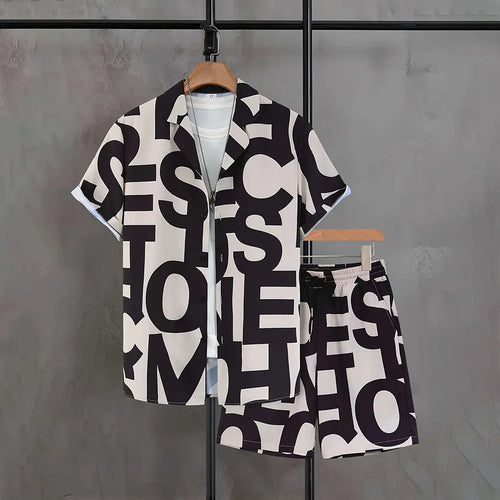 Men's Casual 2-Piece Shirt and Shorts Set, Plus Size Letter Print