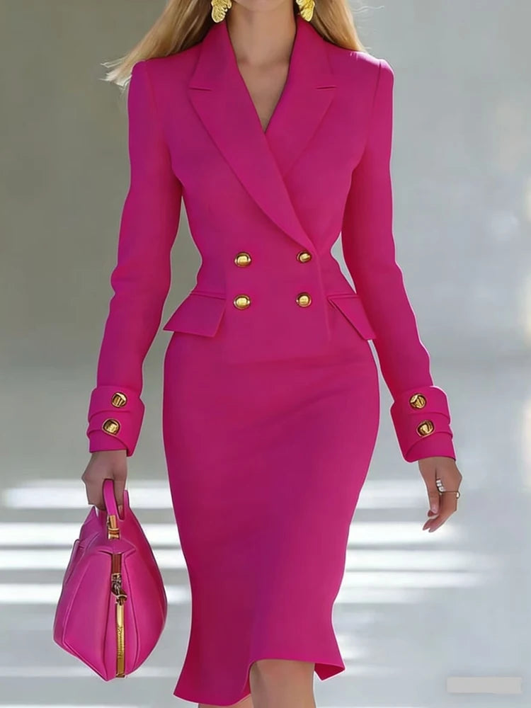 Elegant V-neck Double breasted Blazer Dress Fashion Commute Hight