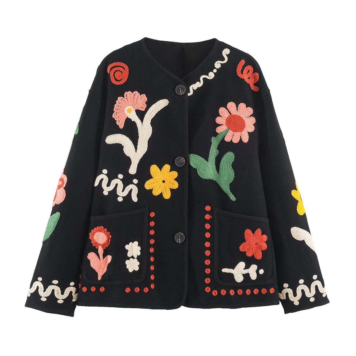 KONDALA Chic 2026 Vintage Autumn Modern Flower Embroidery Jacket Streetwear Pockets Single Breasted Loose Casual Female Outwear
