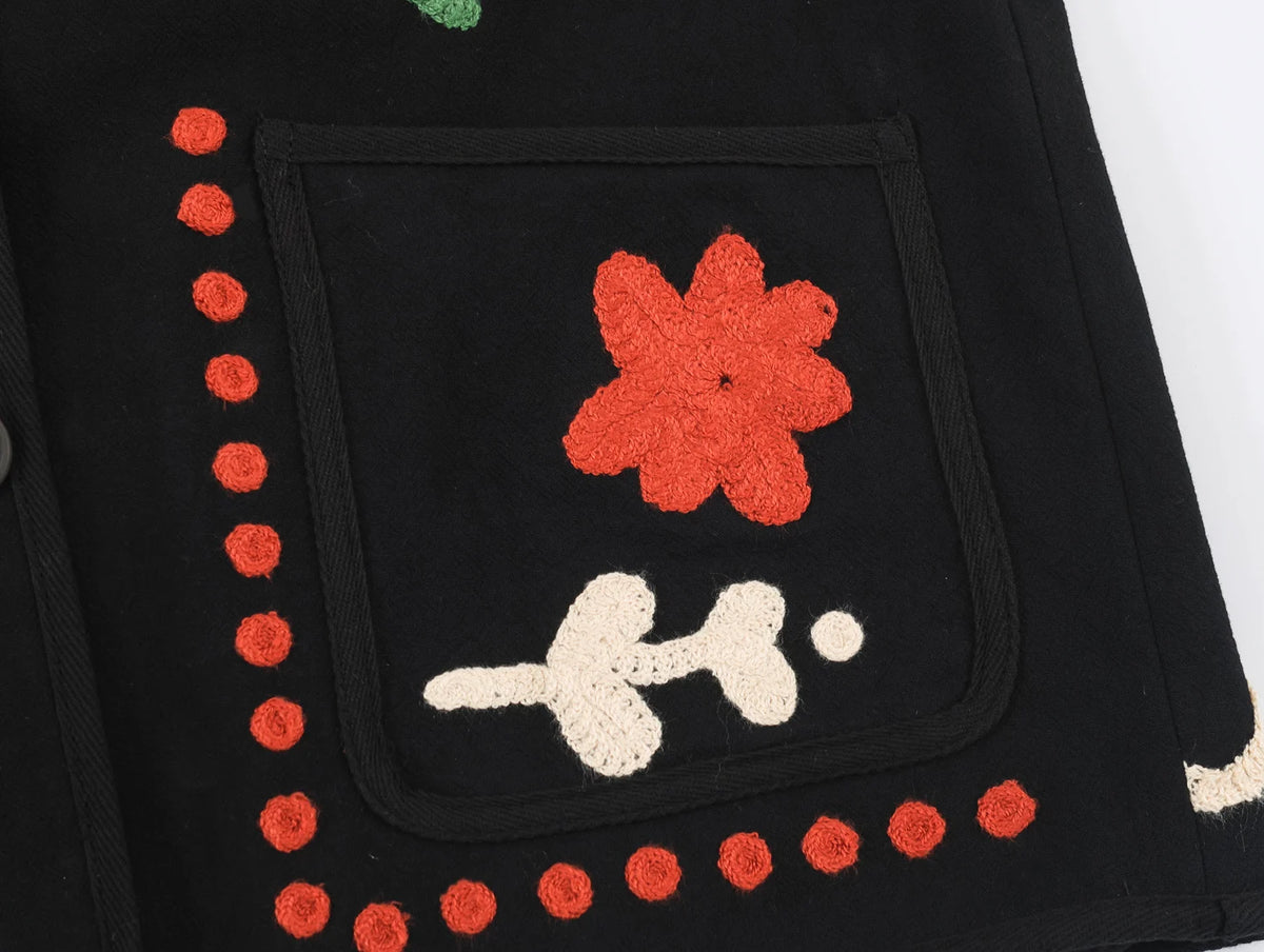 KONDALA Chic 2026 Vintage Autumn Modern Flower Embroidery Jacket Streetwear Pockets Single Breasted Loose Casual Female Outwear