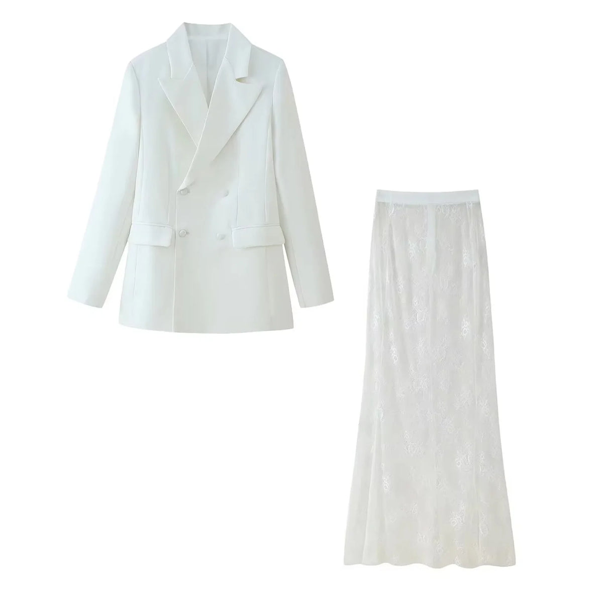 HH Women Double-Breasted Waist-closing Design Slim Blazer+New Fashion Translucent Rear Zipper High Waist Skirt 2-Piece Set