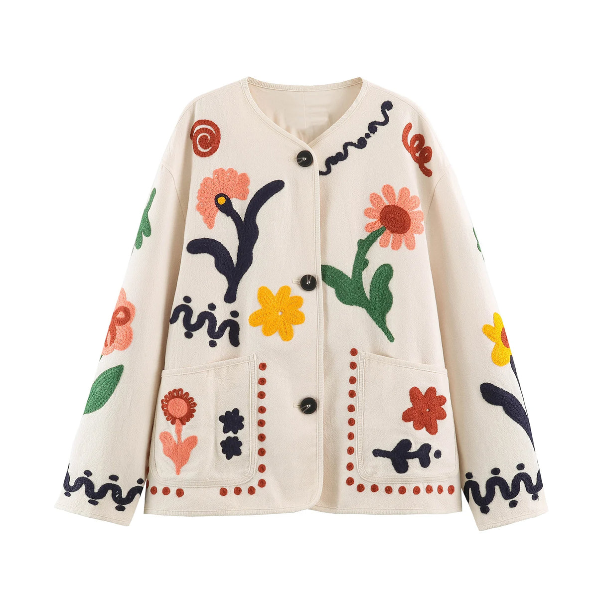 KONDALA Chic 2026 Vintage Autumn Modern Flower Embroidery Jacket Streetwear Pockets Single Breasted Loose Casual Female Outwear