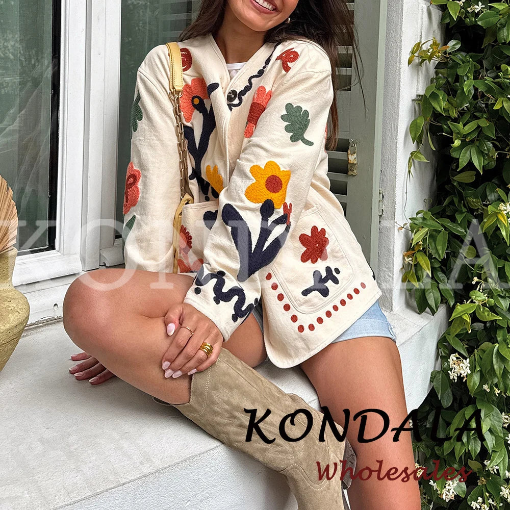 KONDALA Chic 2026 Vintage Autumn Modern Flower Embroidery Jacket Streetwear Pockets Single Breasted Loose Casual Female Outwear