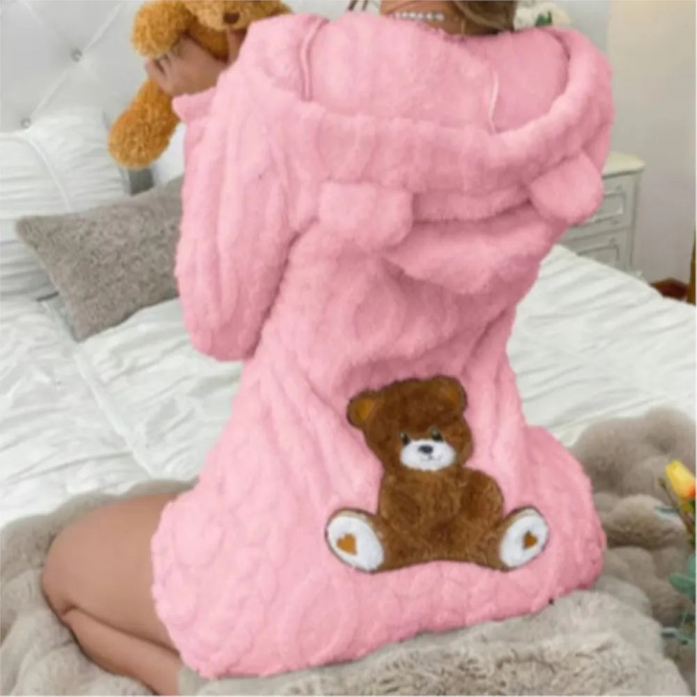 Autumn Winter Plush Hoody Women's Jumpsuit Shorts 2026 New Fashion Embroidered Animal Bear Female Casual Home Wear Plush Rompers
