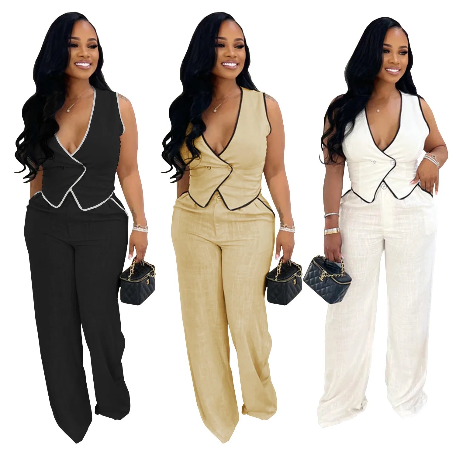 2 Piece Women Sets 2025 Summer Autumn New Arrival Matching Sets Black Color Two Pieces Sets Top Pants Suits Outfits Clothing