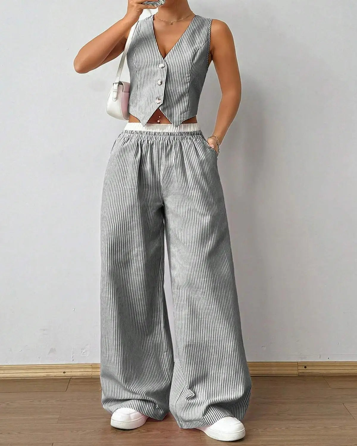 2026 New Elegant Striped Sleeveless V-Neck Vest + Waist Contrast Color Trousers Two-Piece Set Summer Women Sets Fashion Suit Top