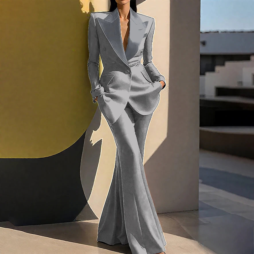 Wedding Guset Suits for Women Elegant Double-breasted Wide Peaked Lapel 2Pieces(Jacket+Pants) Bride Mother Groom Blazer Set