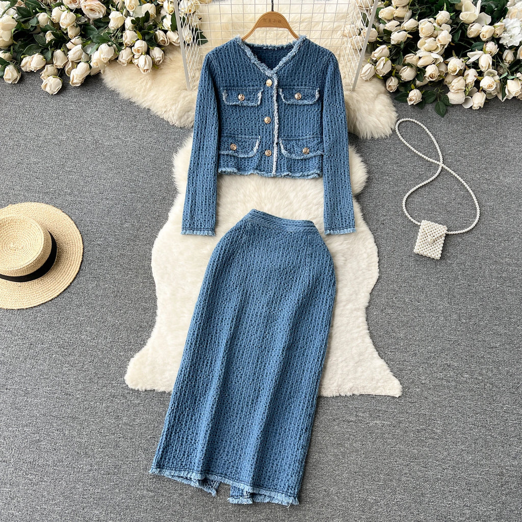 SINGREINY Women Office Lady Denim Suits 2023 Long Sleeves Autumn Blouse+Split Long Skirt Vintage Fashion Jeans Two Pieces Sets