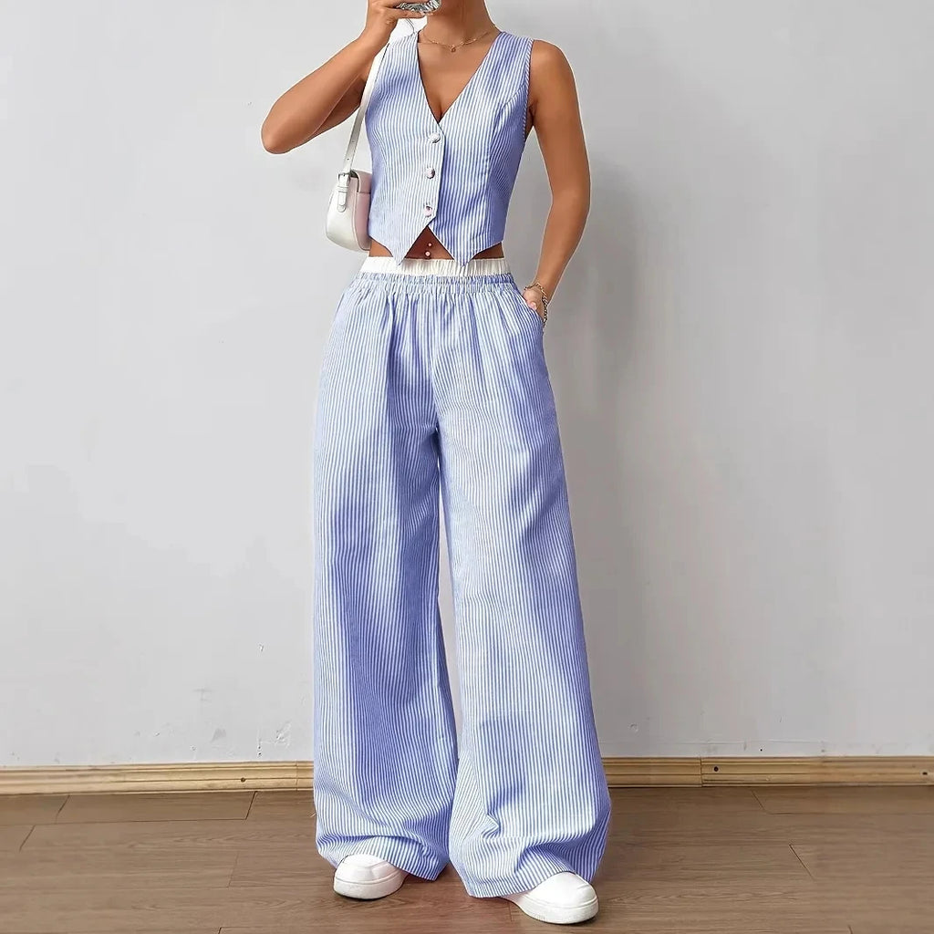 2026 New Elegant Striped Sleeveless V-Neck Vest + Waist Contrast Color Trousers Two-Piece Set Summer Women Sets Fashion Suit Top
