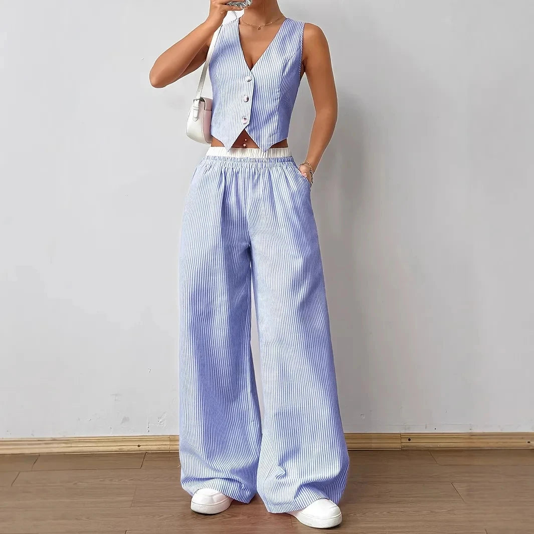 2026 New Elegant Striped Sleeveless V-Neck Vest + Waist Contrast Color Trousers Two-Piece Set Summer Women Sets Fashion Suit Top