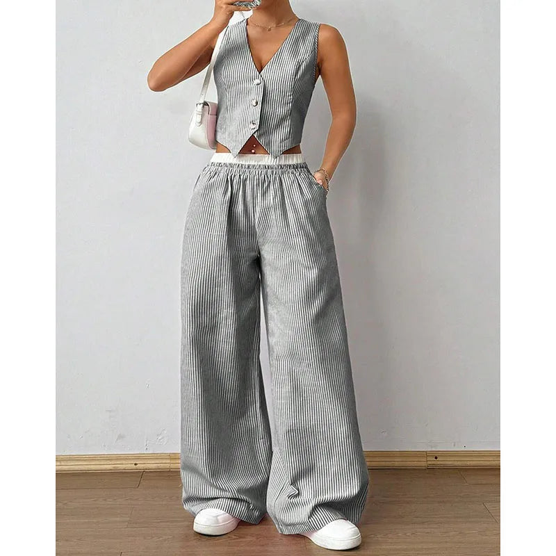2026 New Elegant Striped Sleeveless V-Neck Vest + Waist Contrast Color Trousers Two-Piece Set Summer Women Sets Fashion Suit Top