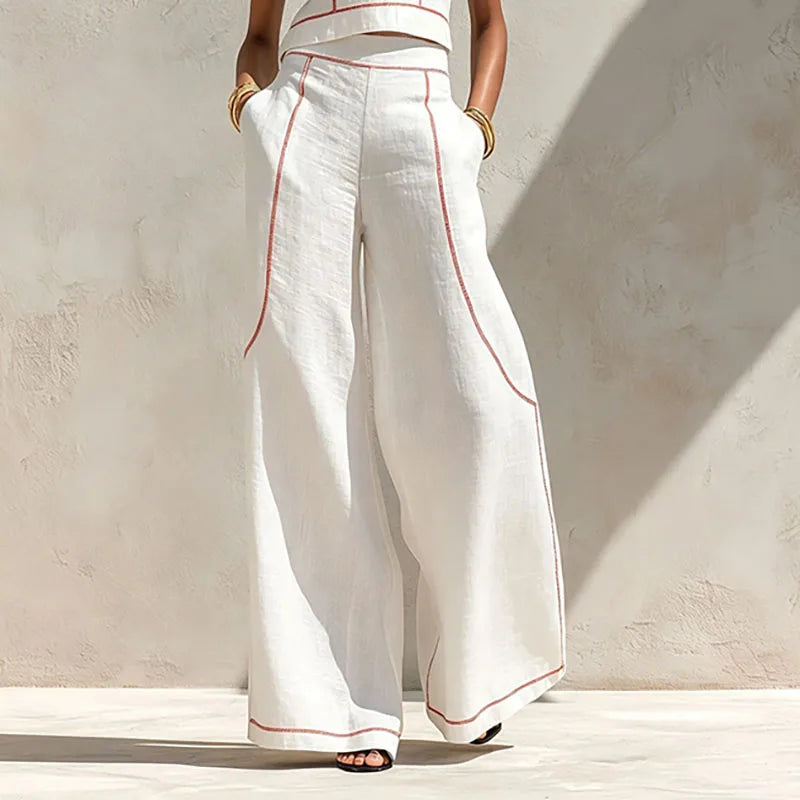 Vintage Striped Print Two Piece Suit Women Sleeveless Crop Vest Top Pocket High Waist Wide Leg Pants Sets Elegant Outfits