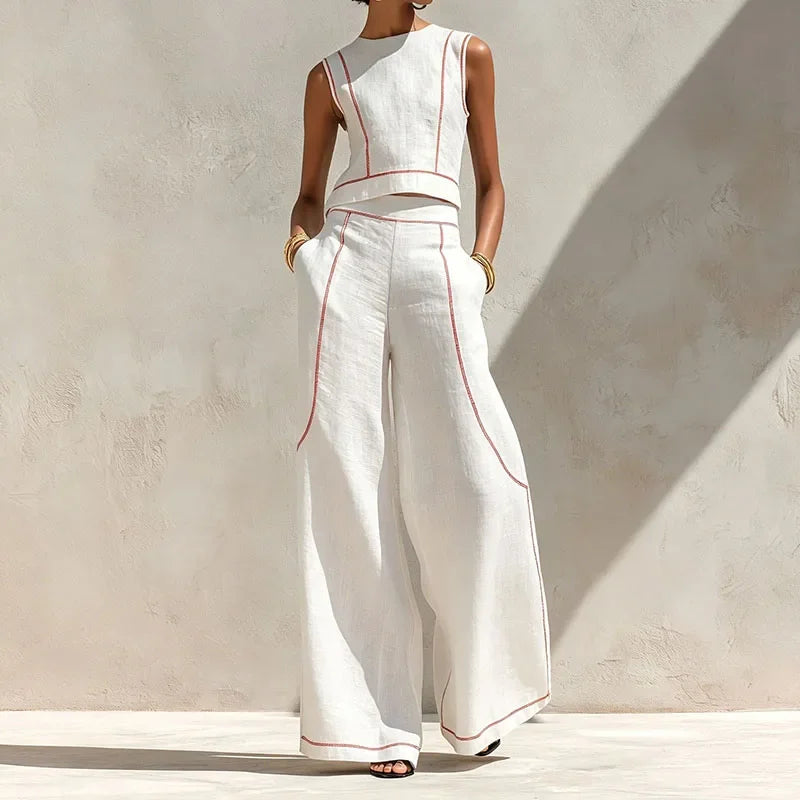 Vintage Striped Print Two Piece Suit Women Sleeveless Crop Vest Top Pocket High Waist Wide Leg Pants Sets Elegant Outfits