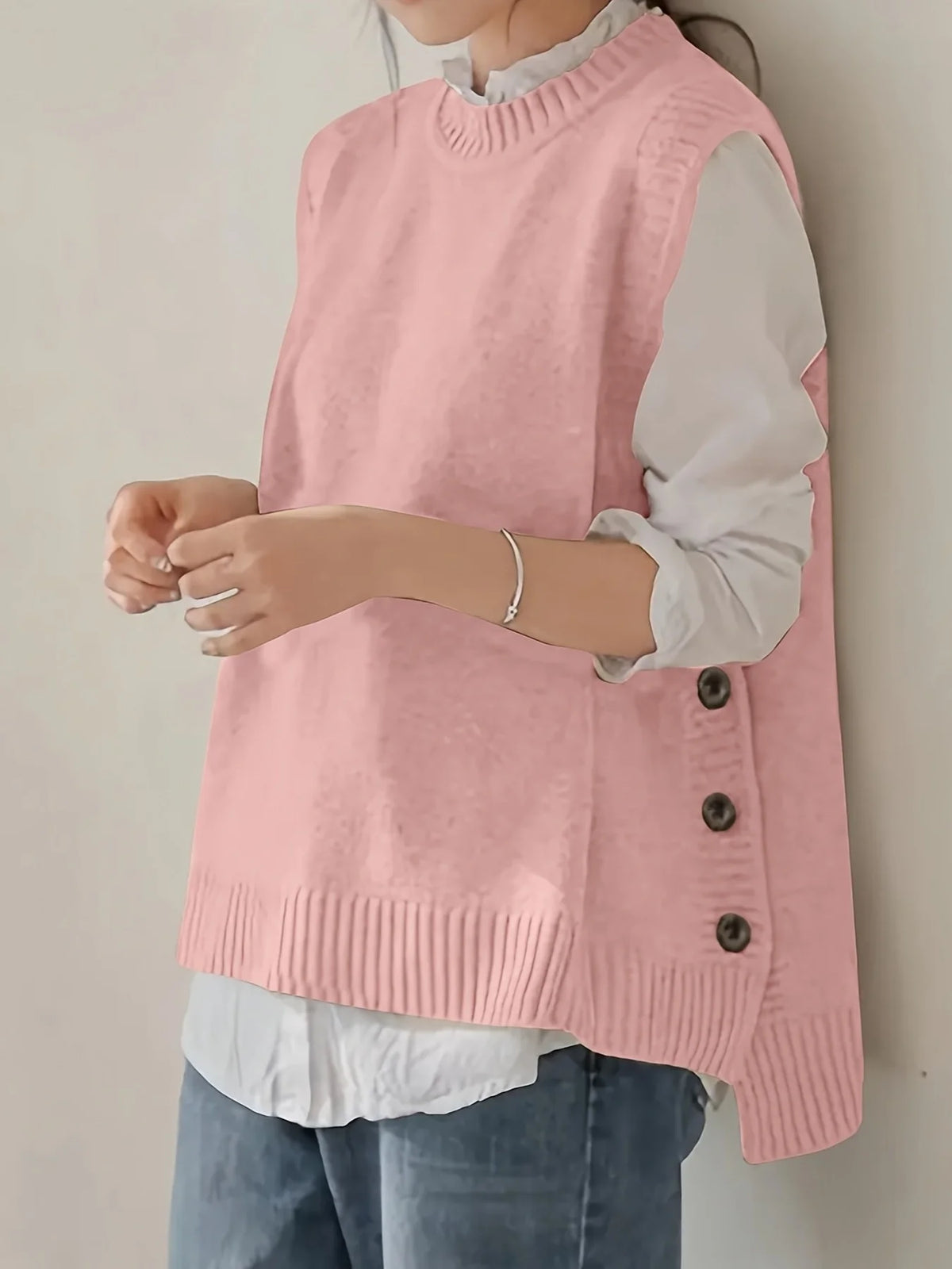 Women's Minimalist  Knit Vest Sweater Sleeveless Round Neck Button-Front Design Preppy Business Casual Style For Office