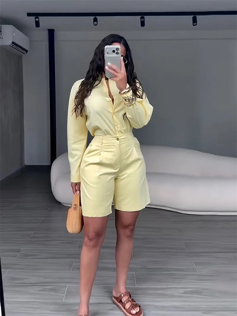 Doyerl Solid Elegant Fashion Two Piece Set Women Clothing Casual Long Sleeve Shirt Top and Shorts Matching Sets Ensembles Femme
