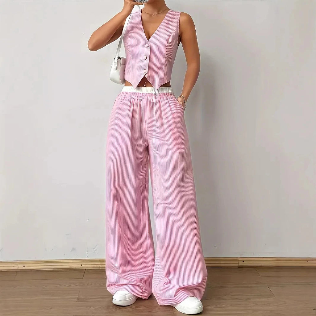 2026 New Elegant Striped Sleeveless V-Neck Vest + Waist Contrast Color Trousers Two-Piece Set Summer Women Sets Fashion Suit Top