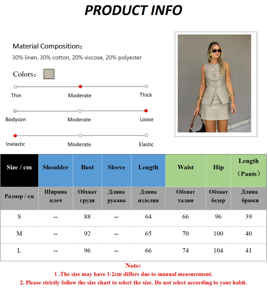 Bornladies 2026 Summer New Linen Vest  Mini Skirt Set Women's Buttoned Sleeveless Vest Short Skirt Two-Piece Outfit