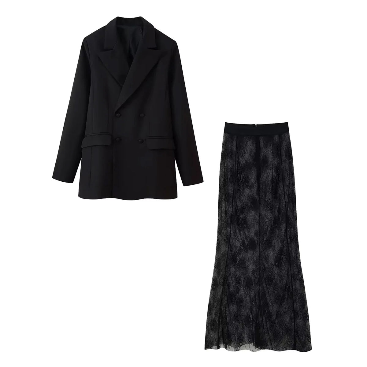 HH Women Double-Breasted Waist-closing Design Slim Blazer+New Fashion Translucent Rear Zipper High Waist Skirt 2-Piece Set