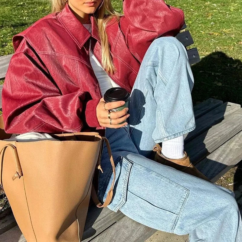 Autumn Winter Women's Vintage PU Jacket Street Fashion Zipper Leather Jacket Coat Handsome Patchwork Lapel Long Sleeve Outerwear