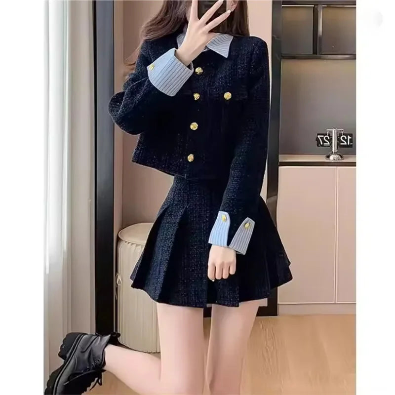 Korean High-End Small Fragrance Style Woolen Skirt Set Women's Autumn Winter Thicken Pleated Short Skirt Two-Piece Set
