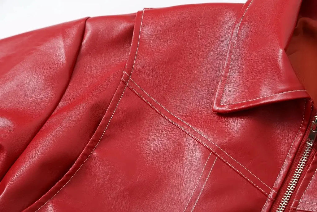 Autumn Winter Women's Vintage PU Jacket Street Fashion Zipper Leather Jacket Coat Handsome Patchwork Lapel Long Sleeve Outerwear