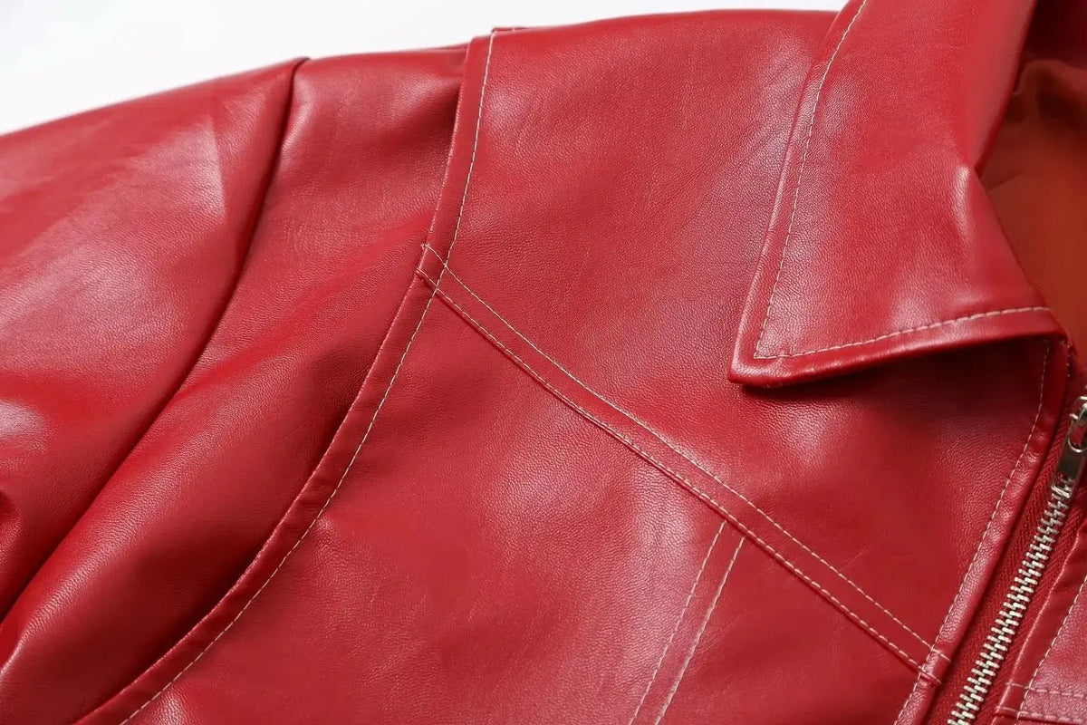 Autumn Winter Women's Vintage PU Jacket Street Fashion Zipper Leather Jacket Coat Handsome Patchwork Lapel Long Sleeve Outerwear
