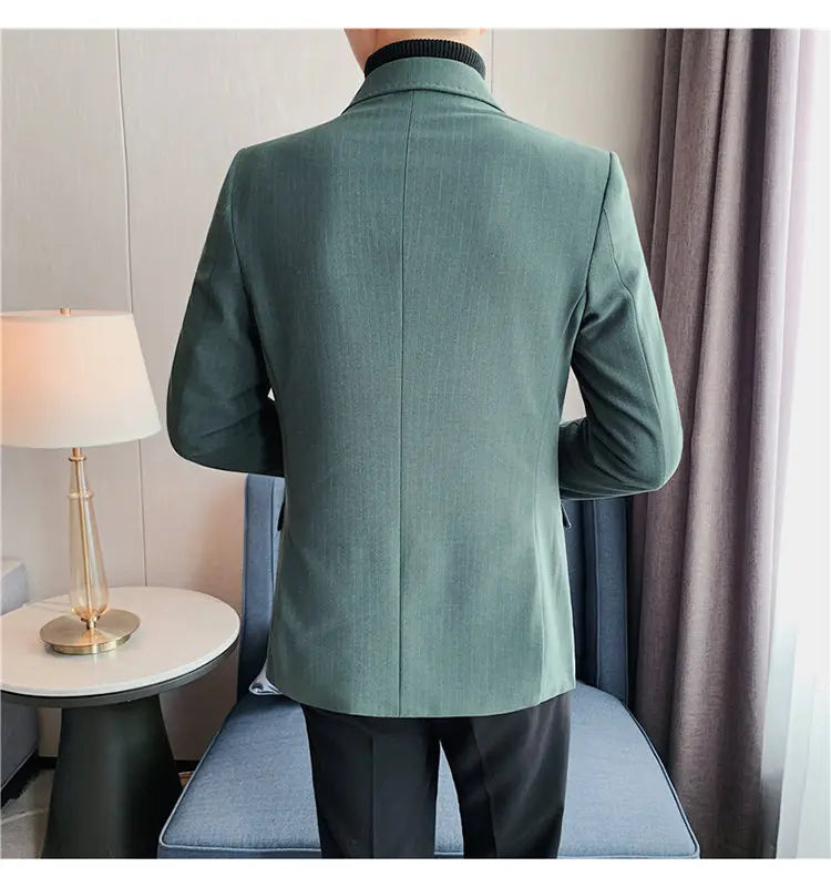 Men Blazer Jackets High Quality Autumn New Double Breasted Men's Striped Blazers Slim Fit Business Formal Wear Suit Coats Male